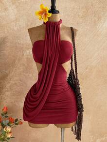 Soleia 女士春夏裹身不对称飘逸系带修身迷你连衣裙，适合约会、花园派对、下午茶、插花、波西米亚风、度假、复古、假日等场合 - 酒紅色 - 查看 5