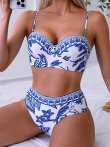 Swim Vcay 3pcs Printed Tankini Swimsuit Set With Push Up Underwire - Blue - View 5