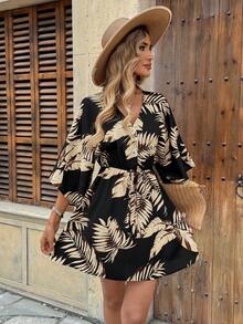 SHEIN LUNE Women'S Tropical Printed Button-Up Half Placket Dress - Black - View 4