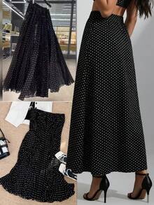 SHEIN ChicEase 2026新款女士高腰弹力腰带经典黑白波点印花飘逸A字长裙，轻盈透气雪纺面料，宽松舒适柔软。2026最新时尚设计，休闲日常穿着，办公工作，度假海滩派对，温暖天气必备长裙。女士长裙，黑色长裙，网纱裙，百褶裙，黑色波点裙，流行穿搭，Pinterest穿搭灵感，新款女士商务休闲女装。 - 黑色 - 查看 7