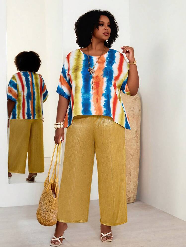 Plus Size Colorful Round Neck Top And Solid Color Pants 2 Pieces Set Women's Summer 2 Pieces Sets Women's Vacation Outfit Sets Women 2 Pieces Outfit Casual Women's Summer Two-Piece Sets Summer Outfits Summer Clothes Spring Dress Spring Outfit Women Spring Clothing Beach Vacation Outfits For Women Vacation Dress Bohemian Festival Outfits For Women Beach Outfits For Women