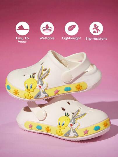 LOONEY TUNES X SHEIN أحذية أطفال كارتونية جميلة للبنات والأولاد، لون بيج فاتح، تعزز قبضة الأطفال، أحذية حديقة للأطفال الرضع والصغار، مصنوعة من مادة EVA خفيفة الوزن وقوية، مناسبة للاستخدام في المنزل والحمام والملعب وحمام السباحة والشاطئ، نعال وأحذية منزلية داخلية وخارجية بتصميم توتي وأرنب