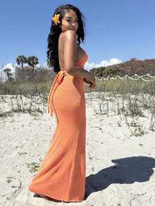 Alexandranx Women Summer Vacation Beach Sexy Halter Backless Beaded Floral Knit Orange Cami Top + Extra Long Knit Floral Pattern Skirt 2 Pieces Set Sexy Outfits For Women In Fall/Winter - Orange - View 5