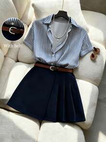 Franclia 夏季休闲条纹衬衫和百褶裙两件套 - 杏色 - 查看 3