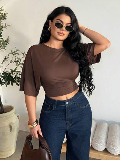 Dayanna Comas Áo thun ngắn tay cánh dơi màu trơn đơn giản, mùa hè