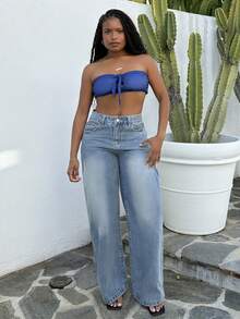 Tyla Gomez 女式做旧褪色阔腿休闲牛仔裤、宽松牛仔裤 - 藍色 - 查看 1