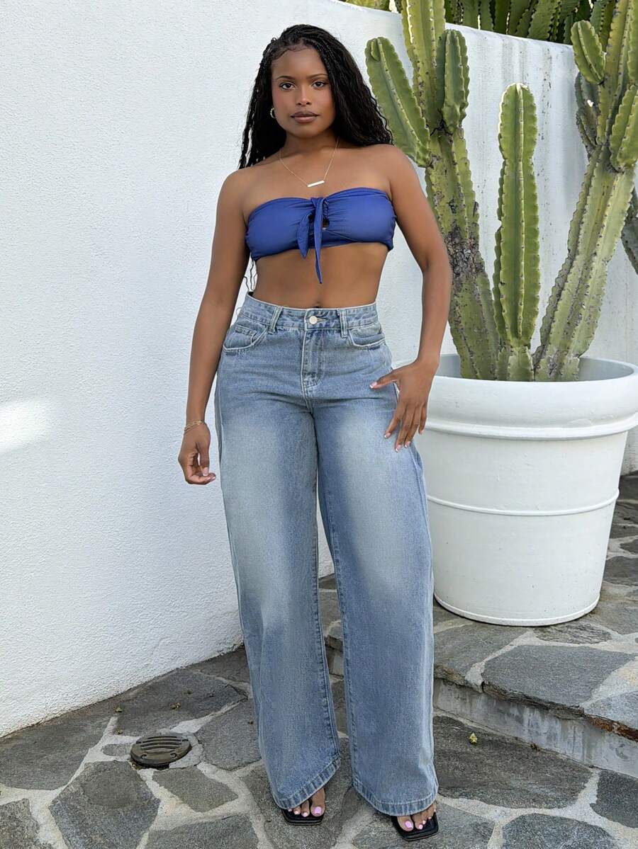 Tyla Gomez 女式做旧褪色阔腿休闲牛仔裤、宽松牛仔裤 - 藍色 - 查看 1