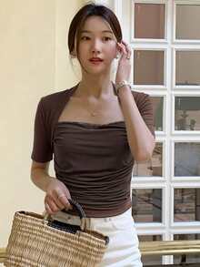 DAZY Camiseta de manga corta ajustada con parches de malla de unicolor para mujer, tops lindos para primavera/verano - Café integral - Ver 4