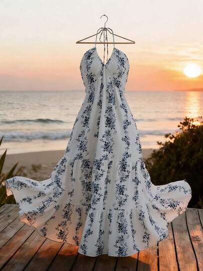 GlowEve Đầm nữ mùa hè mới về, kiểu dáng thanh lịch, họa tiết hoa xanh trắng, xếp ly.