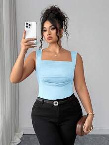 Elenzga Camiseta de punto de cuello cuadrado de unicolor casual de talla grande para verano - Celeste - Ver 3