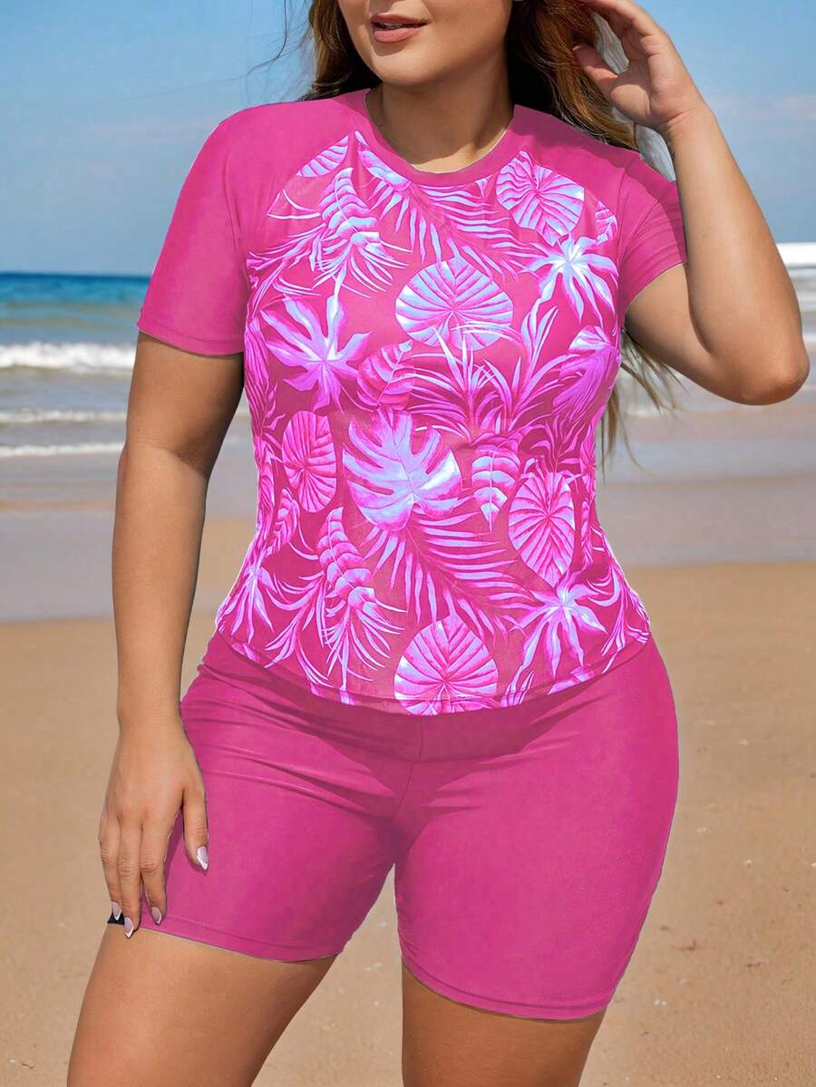 Swim Lushoire Plus Size Tropical Print Tankini Swimwear Set Beach Summer - Hot Pink - View 1