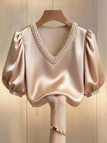 Franclia Summer New Fashion Sweet Design Glossy Beaded V-Neck Short Sleeve Casual Petal Sleeve Women Blouse - Apricot - View 1