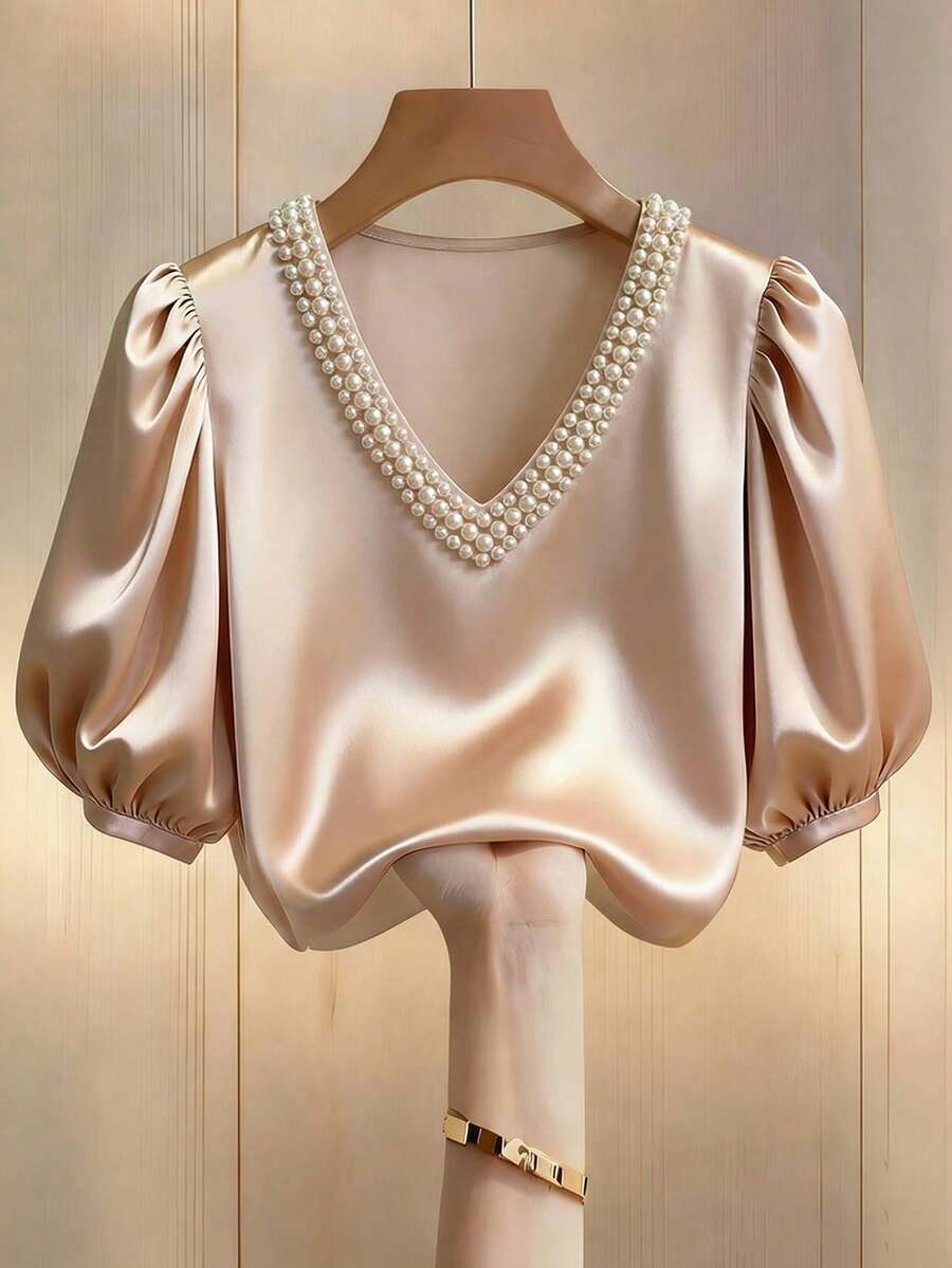 Franclia Summer New Fashion Sweet Design Glossy Beaded V-Neck Short Sleeve Casual Petal Sleeve Women Blouse - Apricot - View 1