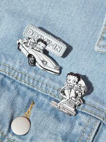 Betty Boop x SHEIN 2 Stück neue kreative Cartoon Muster Brosche Set, IP Gelenk Design, niedlich personalisiert, einfach und großzügig, kann auch als Tasche, Accessoire getragen werden, geeignet für alle Arten von Partys, Konzerten, Festivals, exquisite Geschenke - Platin - Übersicht 2