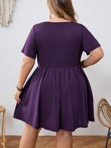 SHEIN CURVE+ Đầm ngắn tay màu trơn dành cho nữ cỡ lớn - Màu tím - Xem 2
