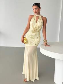 Siren Gaze 优雅金色亮片烟花刺绣露背低胸长款晚礼服，适合夏季穿着——散发优雅女神般的魅力，适合宴会、晚宴、时尚派对等场合，展现自信和独特的个性。 - 杏色 - 查看 5