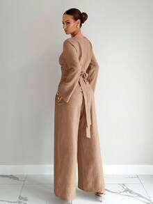 Siren Gaze 女士纯色秋季新款修身衬衫和裤子套装 - 卡其色 - 查看 2