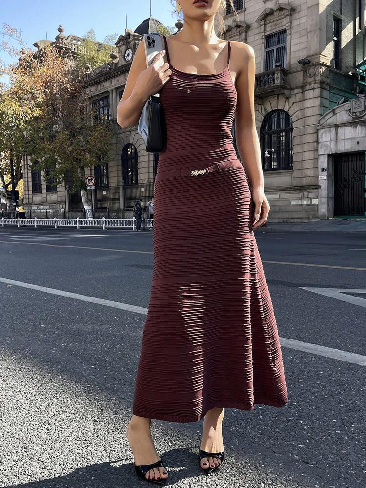 Women's Solid Color Metal Decor Elegant Waist Cinched Party Knit Slip Dress Summer