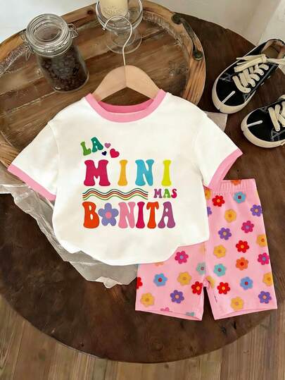 Baby Girl Casual Cute Sweet Graphic Print Short Sleeve Top And Floral Print Shorts Set, Girls Outfit, Suitable For Spring/Summer, Outings, Photography, Vacation, Holidays, Gifts
