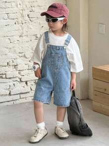 男童宽松蓝色牛仔背带短裤 - 淺色水洗藍 - 查看 5