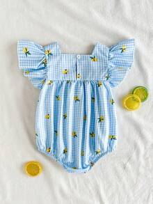 Vintaside Kids 1件女婴清新绿色格子荷叶袖连体衣。面料柔软舒适，可爱公主风休闲款式，适合春夏户外、旅行、日常穿着。 - 藍色 - 查看 2