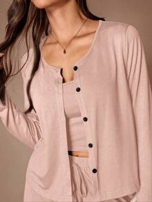 Lazeform 3pcs Women's Solid Color Casual Loungewear Set - Button-Up Long Sleeve Top And Spaghetti Strap Long Pants, Autumn/Winter - Pink - View 5