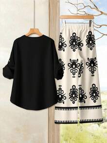 Rusticease 2pcs/Set Women's Black Cuffed Sleeve Blouse + Bohemian Apricot Print Pants - Elegant Style Spring/Summer Outfit For Tropical Island Wedding, Anniversary, Bridesmaid Party, Date Night, Wedding G - Khaki - View 2