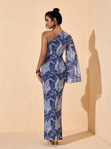 JIAN LASALA 夏季热带印花网纱单肩喇叭长袖修身长裙度假装 - 藍色 - 查看 2