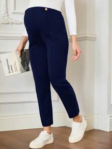SHEIN Celana Hamil Kasual Serbaguna untuk Perjalanan Sehari-hari dengan Pinggang Tinggi, Warna Polos - Navy Blue - View 4