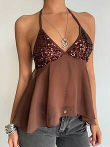 Aloruh Women's Elegant Tie-Up Beaded Embroidered Patchwork Brown Backless Camisole,Sequin Top,Summer Top - Brown - View 6