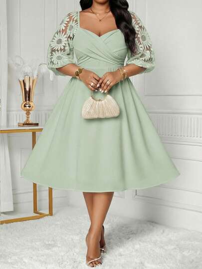 SHEIN Lady Plus Size Mint Green Long Sleeve Dress, Minimalist And Fashionable, Suitable For Summer Easter Dress Women Graduation Dress Wedding Guest Dress Women Wedding Guest Dress Women Business Casual Woman  Summer Dress Spring Dress Floral Dresses For Women