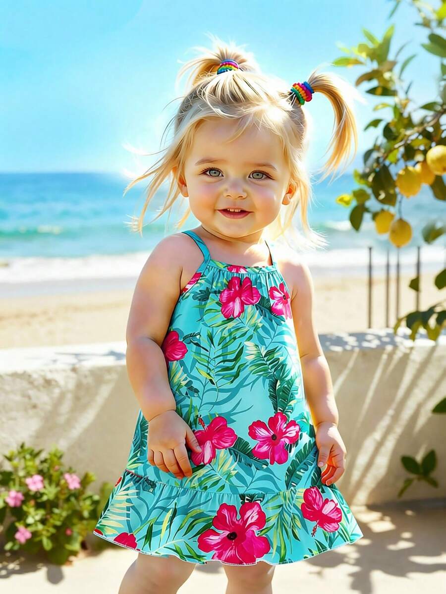 SHEIN Playful Pals 女婴无袖连衣裙,白色背景上印有色彩缤纷的花卉图案,设计充满活力和清新感,适合夏季穿着。 - 彩色 - 查看 1