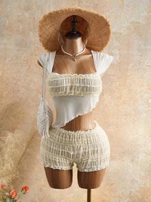 Mistrie Áo nữ kiểu dáng gợi cảm, xếp ly, phối vải xuyên thấu, áo vest hai kiểu, áo croptop, thích hợp mặc đi biển và dự lễ hội âm nhạc. - trắng - Xem 1