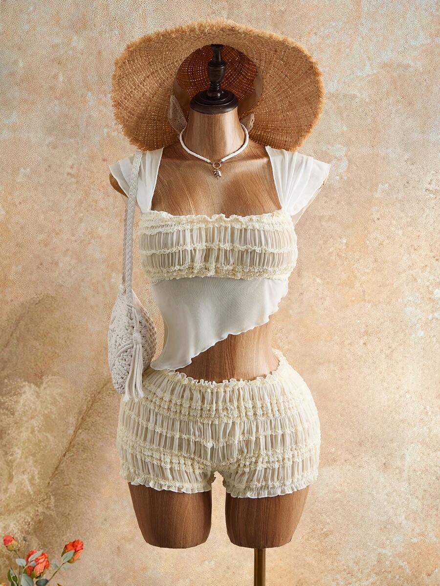 Mistrie Áo nữ kiểu dáng gợi cảm, xếp ly, phối vải xuyên thấu, áo vest hai kiểu, áo croptop, thích hợp mặc đi biển và dự lễ hội âm nhạc. - trắng - Xem 1