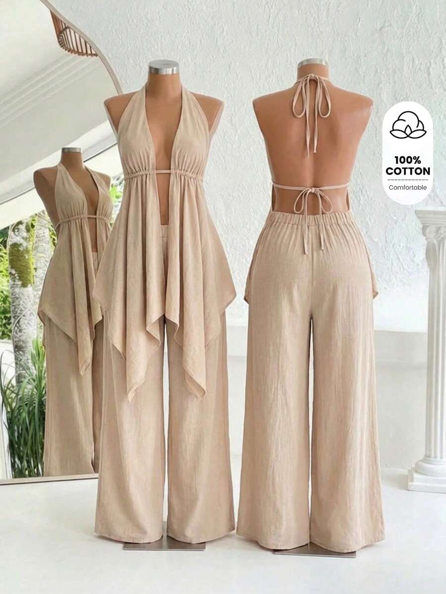 BamGleam 100%纯棉波西米亚风度假风V领露肩系带露背褶皱不对称下摆飘逸上衣，搭配松紧腰阔腿宽松垂坠休闲裤，适合海滩、约会、日常穿着。 - 杏色 - 查看 1