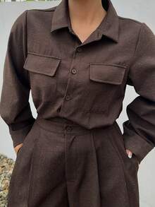 Dazy Plus Women's Loose Business Casual Lightweight Jumpsuit With Large Pockets, Brown, Suitable For Spring And Summer Office, Street Wear - Brown - View 4