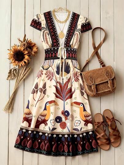 SHEIN Franclia Vintage Toucan Print Women's Dress, V-Neck Waist Slimming Long Dress, Vacation Style For Spring/Summer Daily Wear And Party, Warm Season Clothing, Feminine Style, Easy Care Top