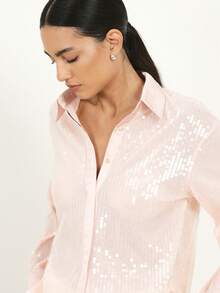 KSTM Women's Sheer Sequin Long Sleeve Collared Button Front Blouse With Sparkling Embellishments For Evening Party Occasions - Dusty Pink - View 6