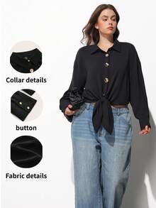 Maija Plus Size Black Autumn Smart Casual Office Women's Long Sleeve Shirt,Metal Buckle Hem Tie Front Button Up Cropped Blouse,Formal Business Party Top - Black - View 1