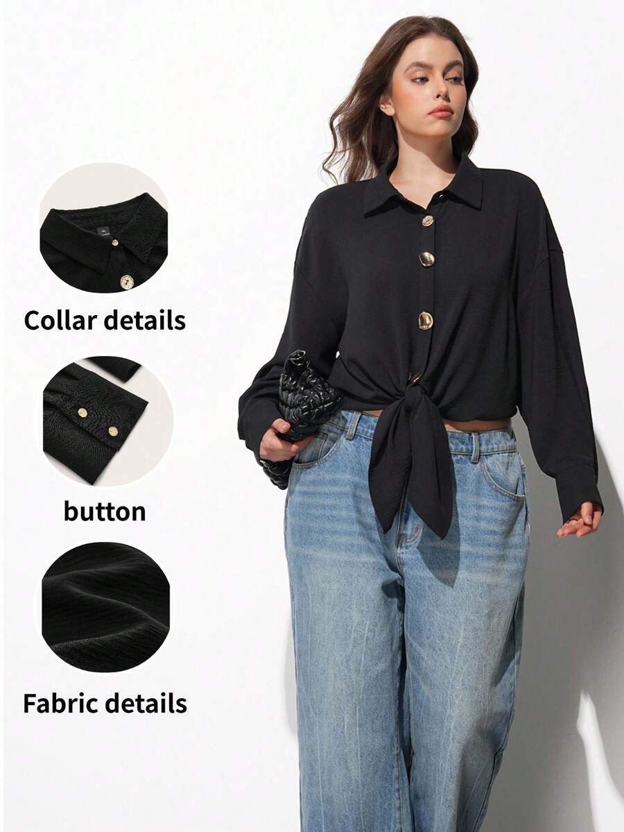 Maija Plus Size Black Autumn Smart Casual Office Women's Long Sleeve Shirt,Metal Buckle Hem Tie Front Button Up Cropped Blouse,Formal Business Party Top - Black - View 1