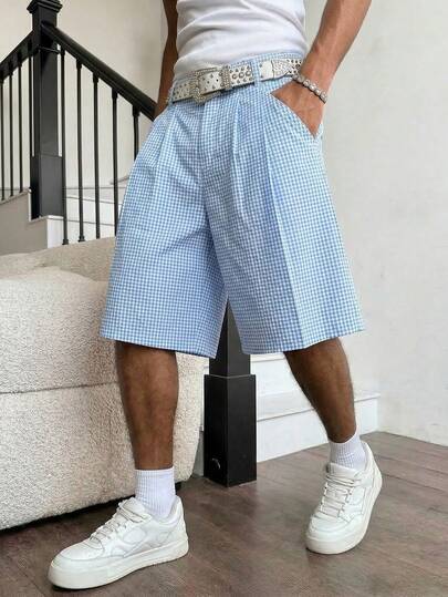 PAVTROS 夏季男士格子松紧腰抽绳宽松休闲短裤，街头风滑板裤，男士格子短裤，浅蓝色短裤，男士宽松篮球短裤，蓝色篮球短裤，格子短裤