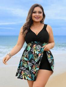 Swim Lushoire Bộ đồ bơi tankini 2 mảnh in họa tiết dây dày dành cho nữ cỡ lớn, kèm váy, thích hợp cho kỳ nghỉ biển. - Nhiều màu - Xem 6