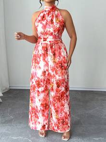 Elenzga Plus Size Women's Elegant Romantic Sweet Design Halter Backless Waist Slimming Long Floral Print Chiffon Jumpsuit, Casual Holiday - Pink - View 7