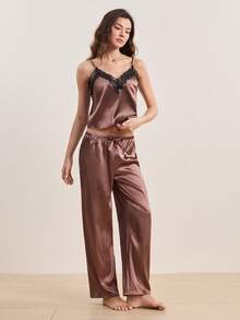 Hourtrue Eyelash Lace Trim Satin Cami Top & Knot Pants PJ Set / Pajama Set - Coffee Brown - View 5