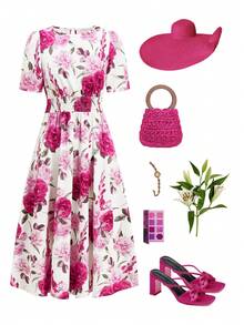 Ellevyn A-Line Waist Cinched Romantic Floral Print Dress  Summer Vacation Outfits Women Going Out Outfits - Coral Pink - View 8