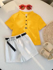 SHEIN 2pcs Baby Boy Summer Casual Red Collar Polo Shirt And White Striped Shorts Set, Suitable For Birthday Party, Rave, Evening Party, Performance, Wedding, Baby Shower And 1st Birthday Celebration - Yellow - View 1