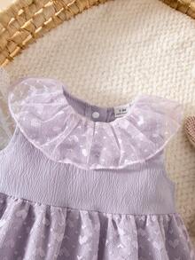 SHEIN Đầm lưới không tay cổ tròn màu tím ren cho bé gái sơ sinh, thiết kế cài nút phía sau tiện dụng, kiểu công chúa dễ thương, thích hợp cho lễ kỷ niệm 100 ngày, chụp ảnh, dự đám cưới, đi chơi. - Màu tím - Xem 4