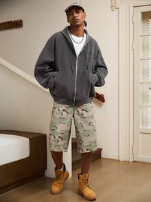 GALLERY FADE 男士街头时尚休闲刺绣连帽灰色牛仔夹克 - 深灰色 - 查看 3