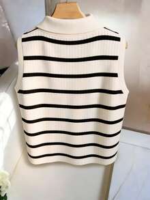 Airaco 女士休闲优雅针织翻领条纹背心 - 黑與白 - 查看 2