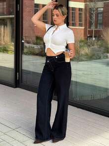 Bethéva Jeans de ajuste holgado con cintura asimétrica para mujer - Azul lavado oscuro - Ver 4